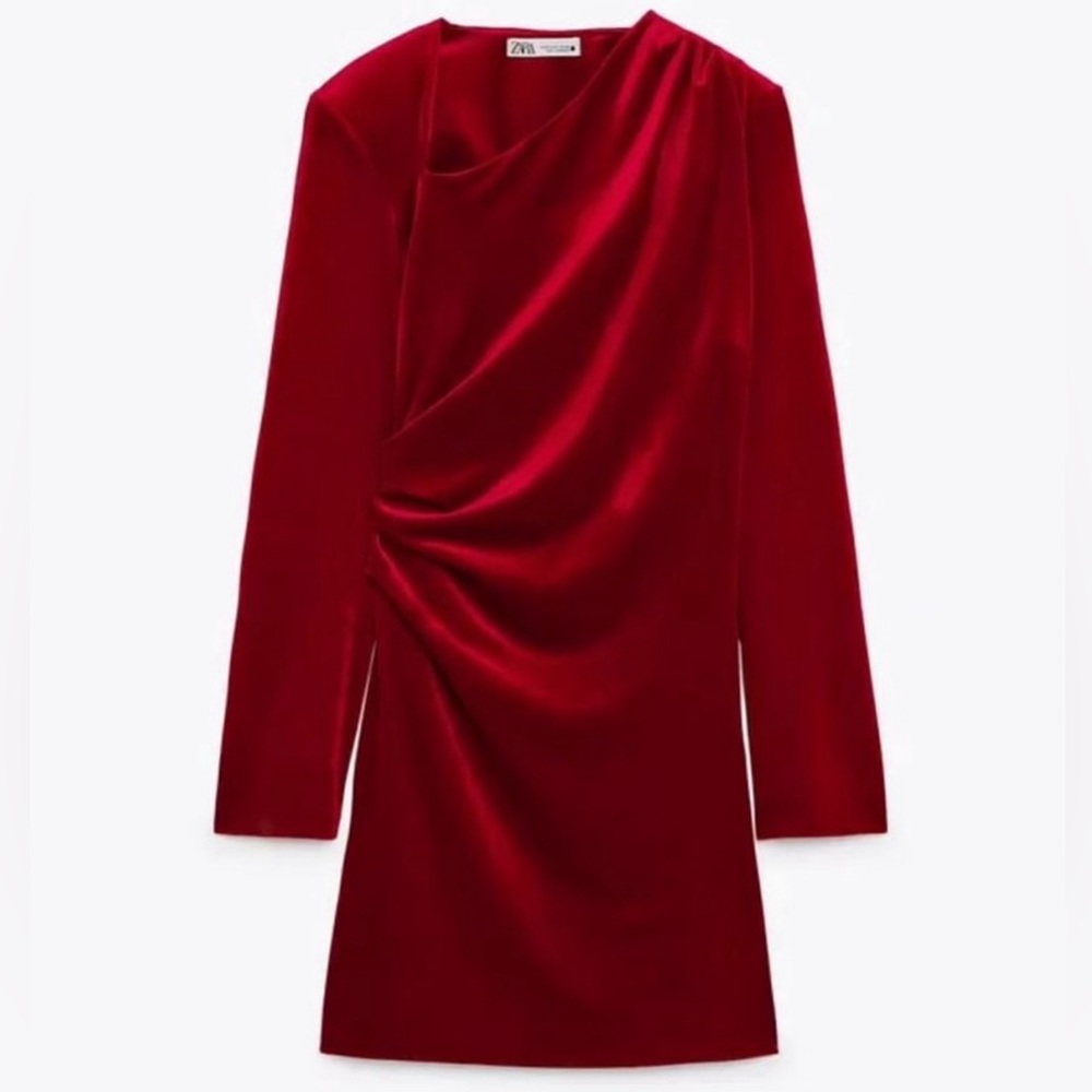 ZARA Red Velvet Draped Asymmetric Neck Padded Shoulders Holiday Dress
